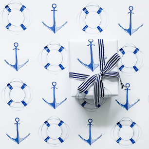 Segelblau Anker und Lebensring Nautical Geschenkpapier Set