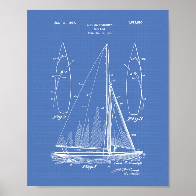 Segelboot 1927 Patent Art Blueprint Poster (Vorne)