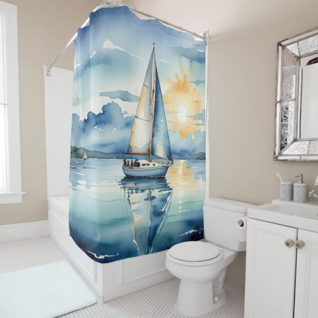 Segelboot Aquarell auf dem Lago Maggiore Duschvorhang (Beispiel)