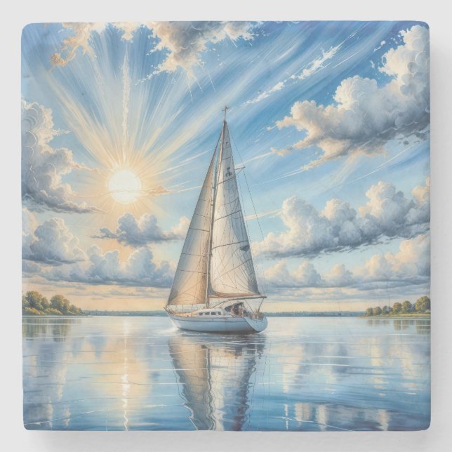 Segelboot Aquarell im Sonnenschein Steinuntersetzer (Vorderseite)