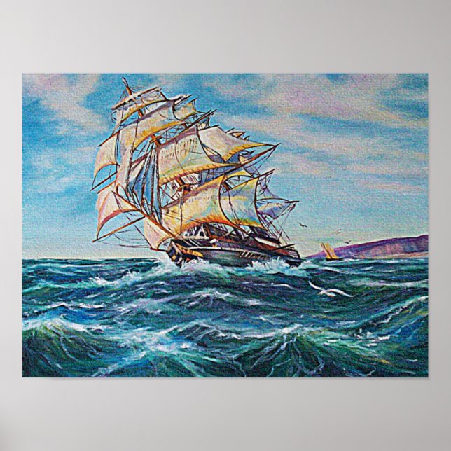 Segelboot auf dem Rough Sea Waters Klein Poster (Vorne)