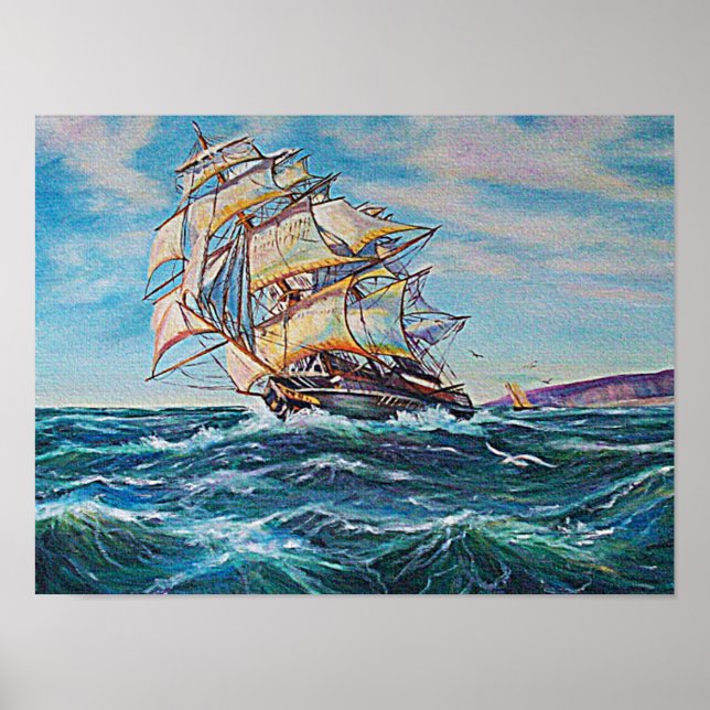 Segelboot auf dem Rough Sea Waters Klein Poster (Vorne)