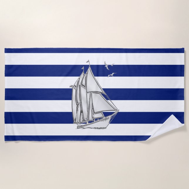 Segelboot auf der Decke der Nautical Navy Stripes Strandtuch (Vorderseite)