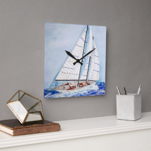 Segelboot auf Hochsee in der Aquarellkunst Quadratische Wanduhr