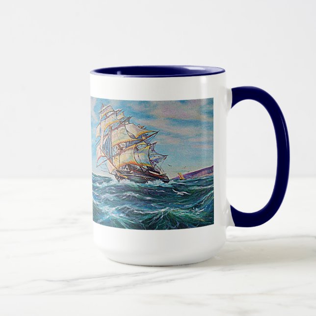 Segelboot auf Rough Waters Ölgemälde Tasse (Rechts)