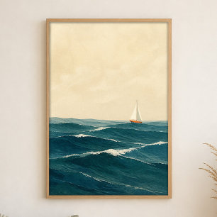 Segelboot auf Wellen Wasserfarben Küstenkunst Post Poster
