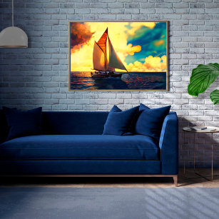 Segelboot aus Holz bei Sonnenuntergang Poster