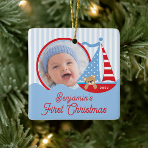 Segelboot Baby Erstes Weihnachten Foto-Ornament Keramikornament