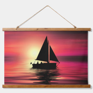 Segelboot bei Sonnenuntergang auf dem Meer Kunstde Wandteppich Mit Holzrahmen