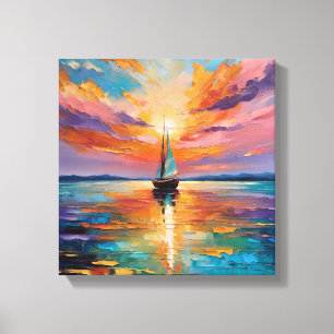 Segelboot bei Sonnenuntergang auf lebendigen Gewäs Leinwanddruck