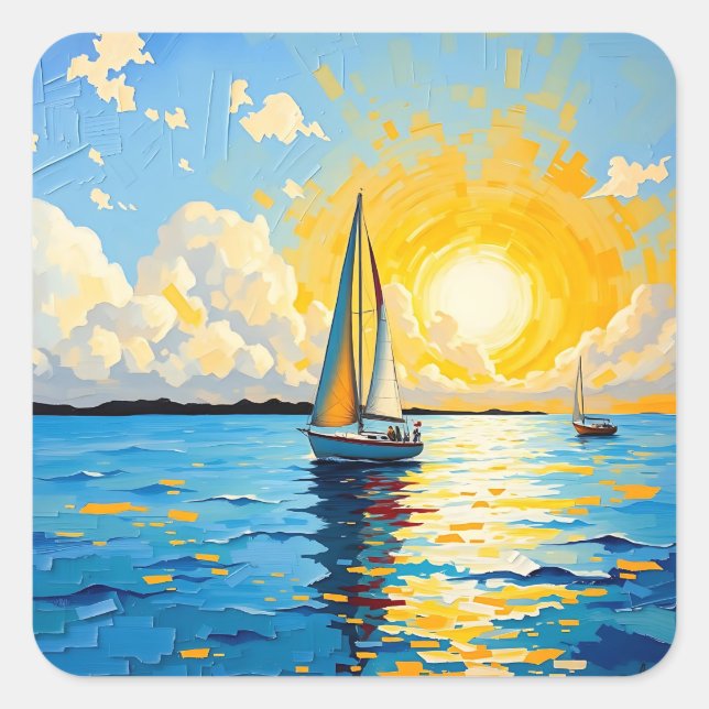 Segelboot bei Sonnenuntergang Quadratischer Aufkleber (Vorderseite)
