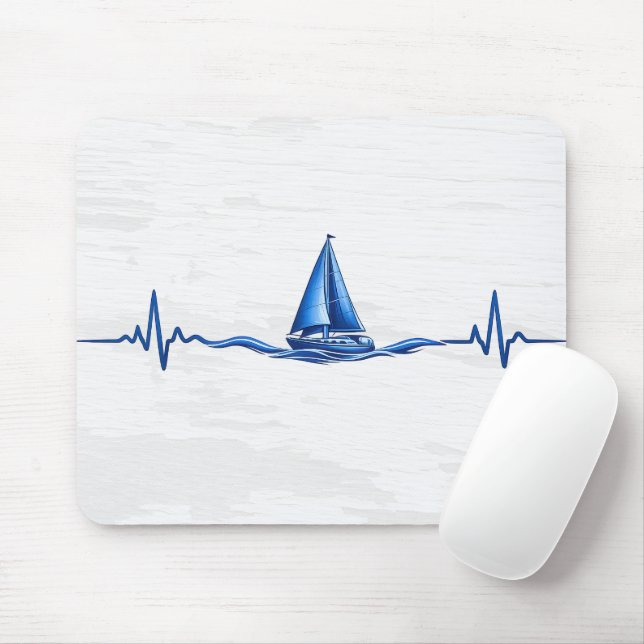 Segelboot, das auf einer blauen Herzfrequenz-Grafi Mousepad (Mit Mouse)