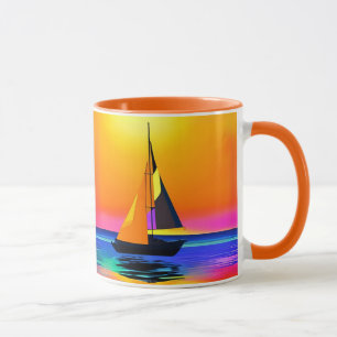 Segelboot gegen einen pulsierenden Sonnenuntergang Tasse