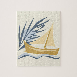 Segelboot im Hintergrund des Mondes und der Palme  Puzzle