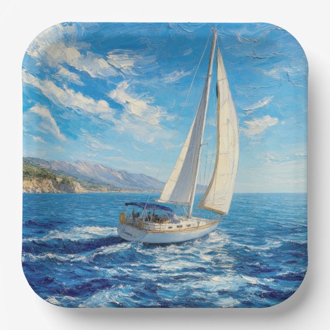 Segelboot-Impasto-Malerei  Pappteller (Vorderseite)