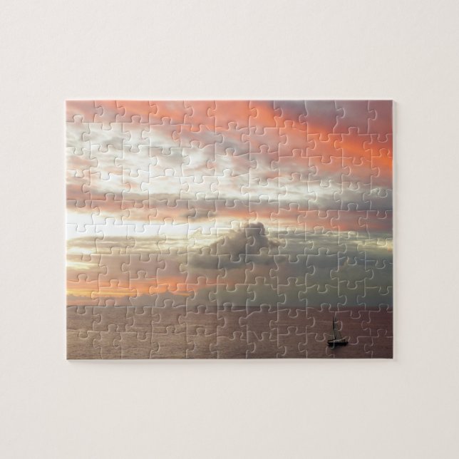 Segelboot in Sunset Beautiful Pink Seascape Puzzle (Horizontal)