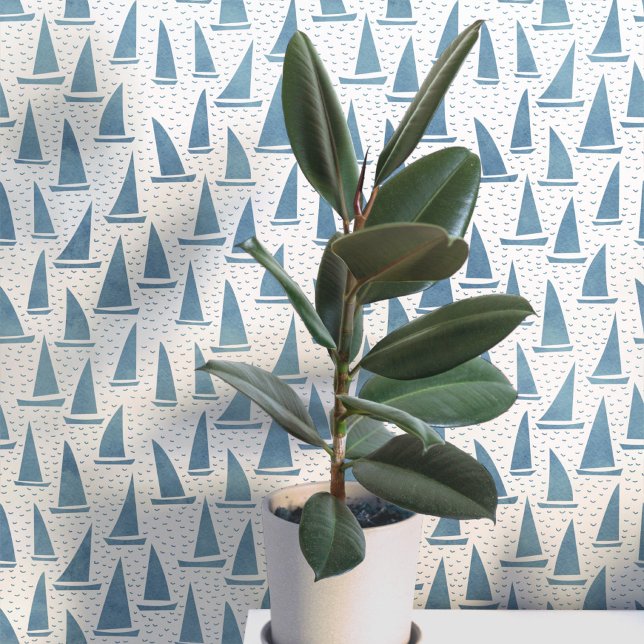 Segelboot Küstenblau und Weiß Tapete (Sailing boat yacht coastal beach or lake house decor wallpaper)