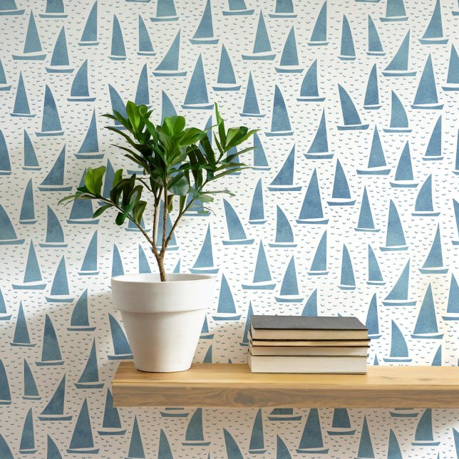 Segelboot Küstenblau und Weiß Tapete (Sailing boat yacht coastal beach or lake house decor wallpaper)