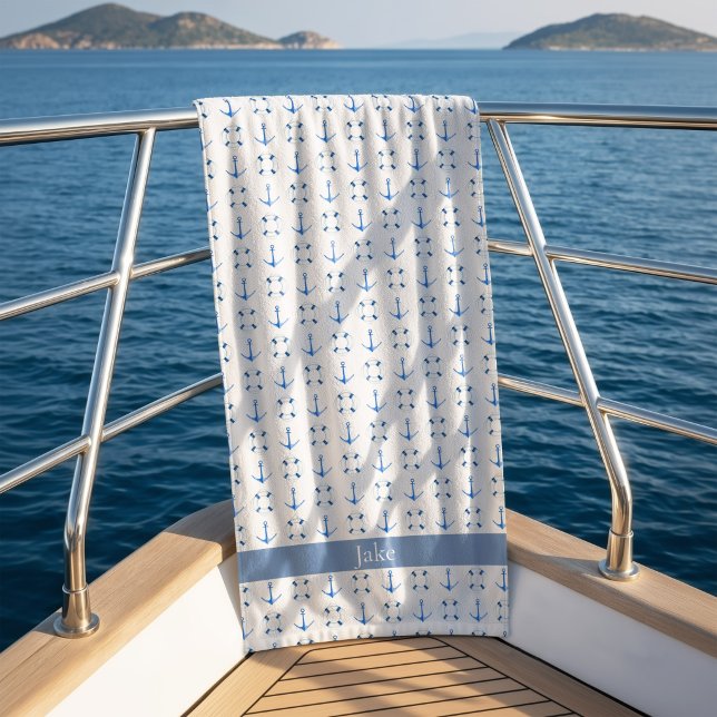 Segelboot Lebensring und Anker Strandtuch (Sail Away White Beach Towel)