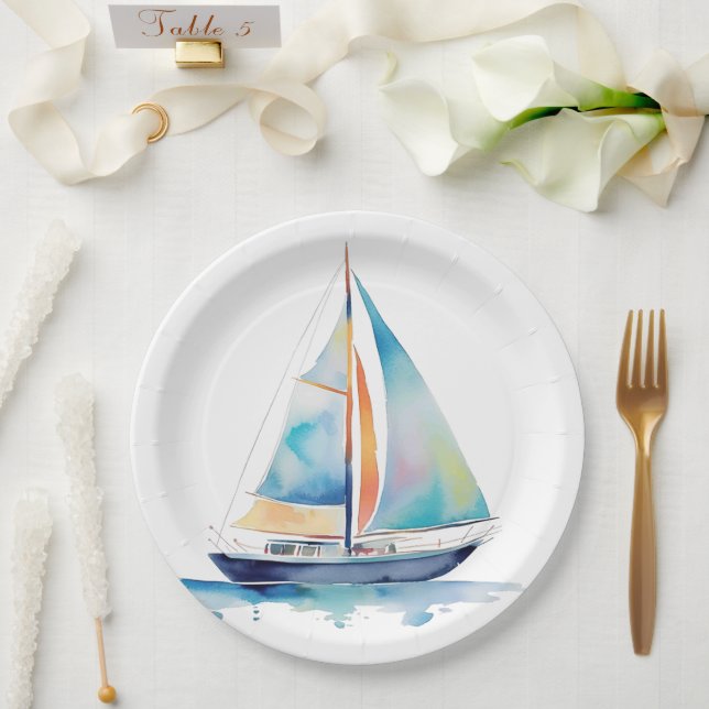 Segelboot mit Aquarellfarbe Pappteller (Hochzeit)
