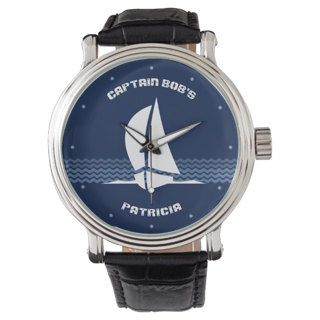 Segelboot mit benutzerdefinierbarem Text Armbanduhr (Vorderseite)