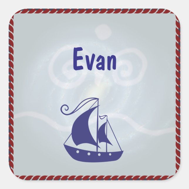 Segelboot mit Rope-Rahmen-Text Quadratischer Aufkleber (Vorderseite)