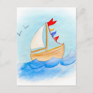 Segelboot mit weißer Aquarellkarte Postkarte