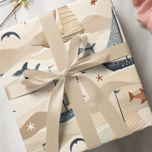 Segelboot Nahtloses Muster   Neutrale Töne Kinder Geschenkpapier