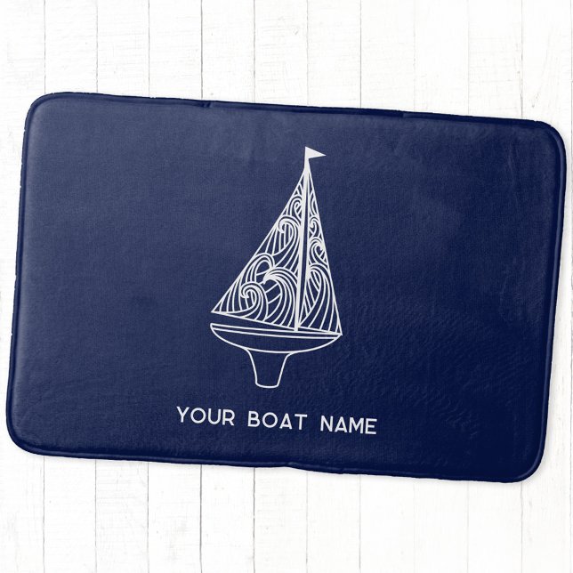 Segelboot Name Nautical Navy Blue Badematte (Personalized boat name sailing boat or yacht navy blue bath mat)