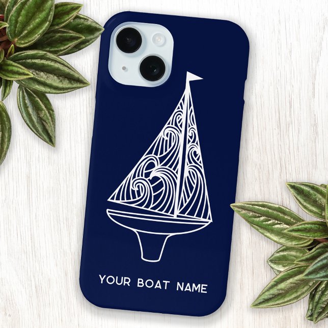 Segelboot Name Nautical Navy Blue iPhone 15 Hülle (Your boat name custom text sailing boat yacht navy blue cell phone case)