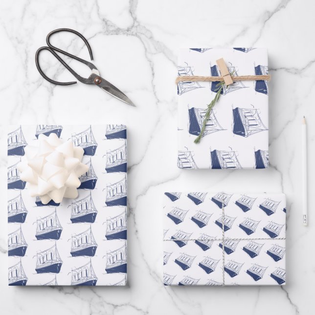 Segelboot Nautic Blue and White Ship Geschenkpapier Set (Vorderseite)