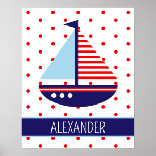 Segelboot Nautical Rot Weiß Blau Personalisiert Poster