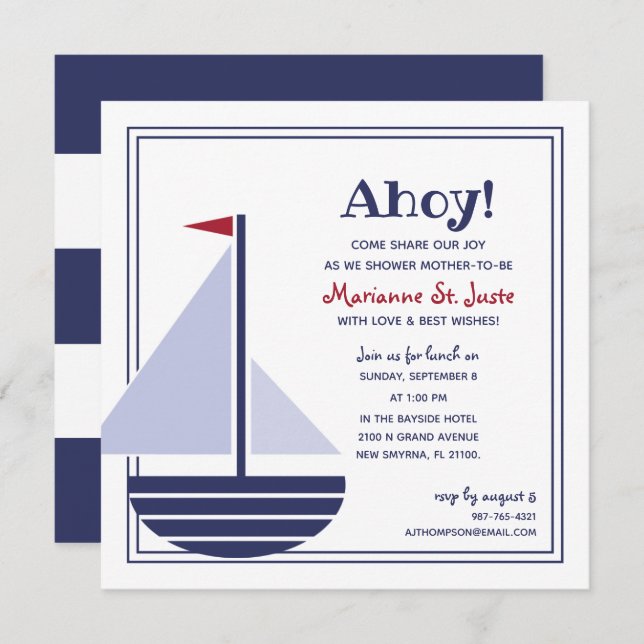 Segelboot nautische BABY SHOWER Junge oder Mädchen Einladung (Vorne/Hinten)