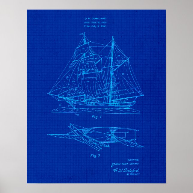 Segelboot Nr. 2 Patent Blueprint Coastal Thema Kun Poster (Vorne)