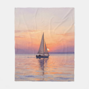 Segelboot-Sonnenuntergang-Aquarell-Seelandschaft Fleecedecke
