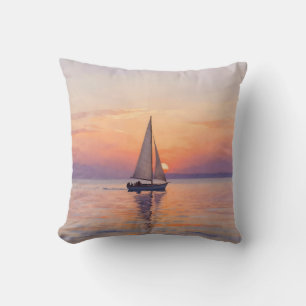 Segelboot-Sonnenuntergang-Aquarell-Seelandschaft Kissen