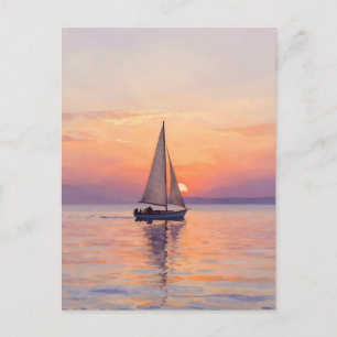 Segelboot-Sonnenuntergang-Aquarell-Seelandschaft Postkarte