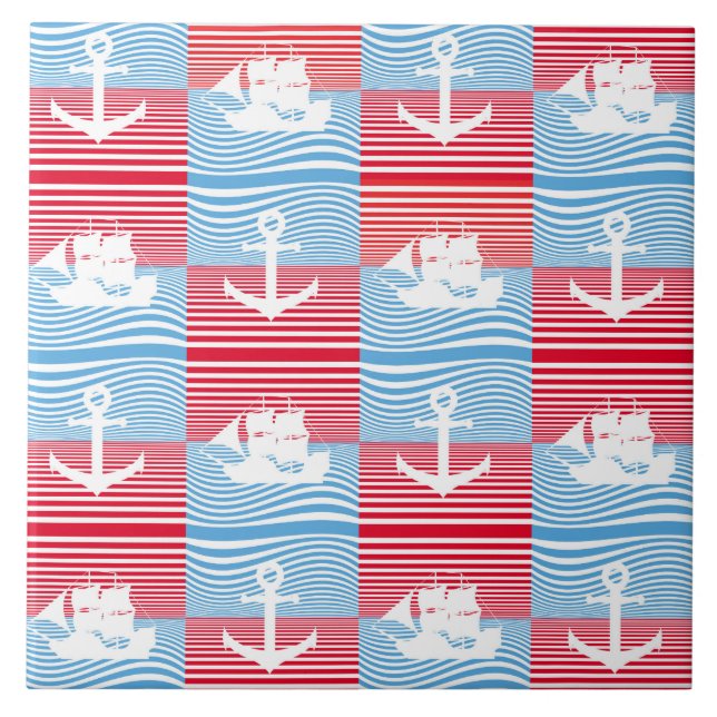 Segelboot und Ankermuster Fliese (Vorderseite)