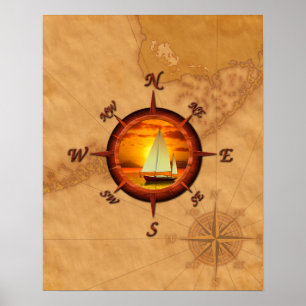 Segelboot und Compass-Rose Poster