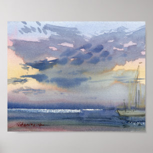 Segelboot und glühender Abendhimmel Aquarell Poster
