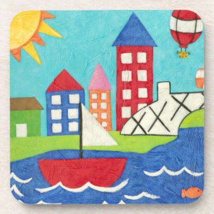 Segelboot-und Heißluft-Ballon mit Stadtbild Getränkeuntersetzer