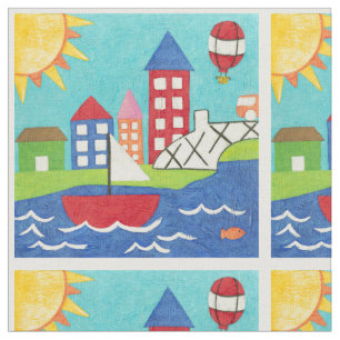 Segelboot-und Heißluft-Ballon mit Stadtbild Stoff