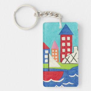 Segelboot und Heißluftballon mit Stadtbild Schlüsselanhänger