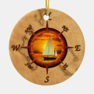 Segelboot-und Kompass-Rose Keramik Ornament