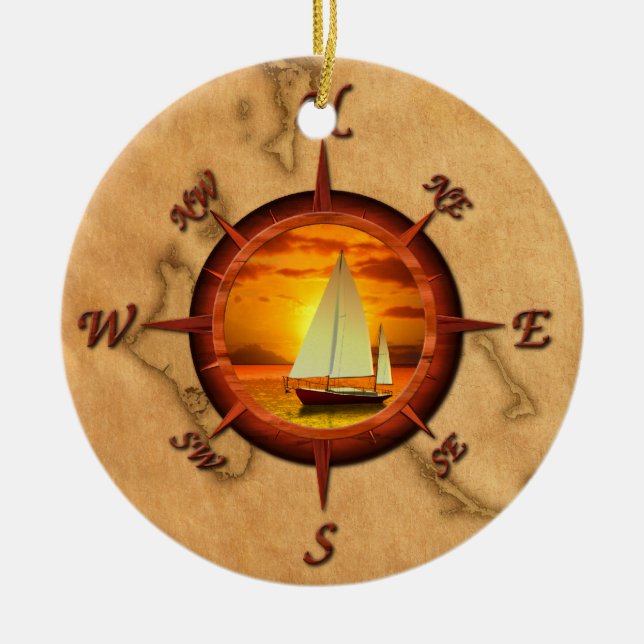 Segelboot-und Kompass-Rose Keramik Ornament (Vorne)