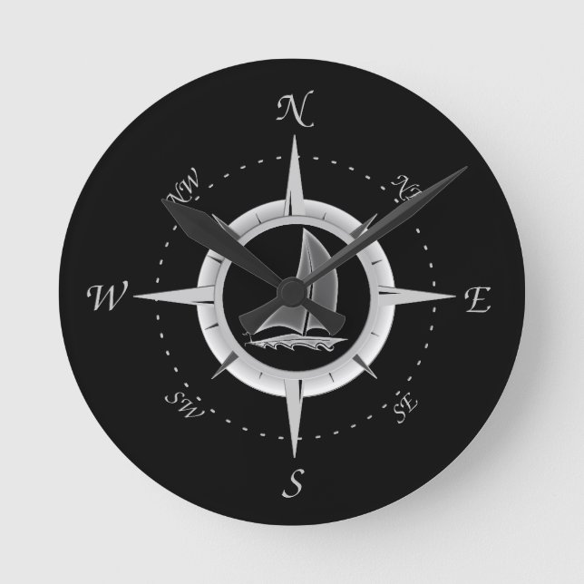 Segelboot-und Kompass-Rose Runde Wanduhr (Vorderseite)