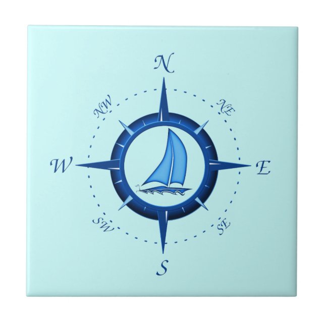 Segelboot und Kompassrose Fliese (Vorderseite)