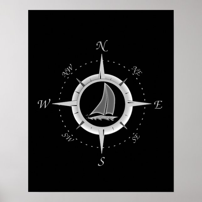 Segelboot und Kompassrose Poster (Vorne)