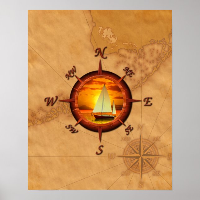 Segelboot und Kompassrose Poster (Vorne)