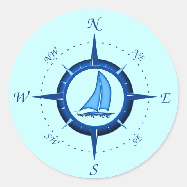 Segelboot und Kompassrose Runder Aufkleber (Vorderseite)